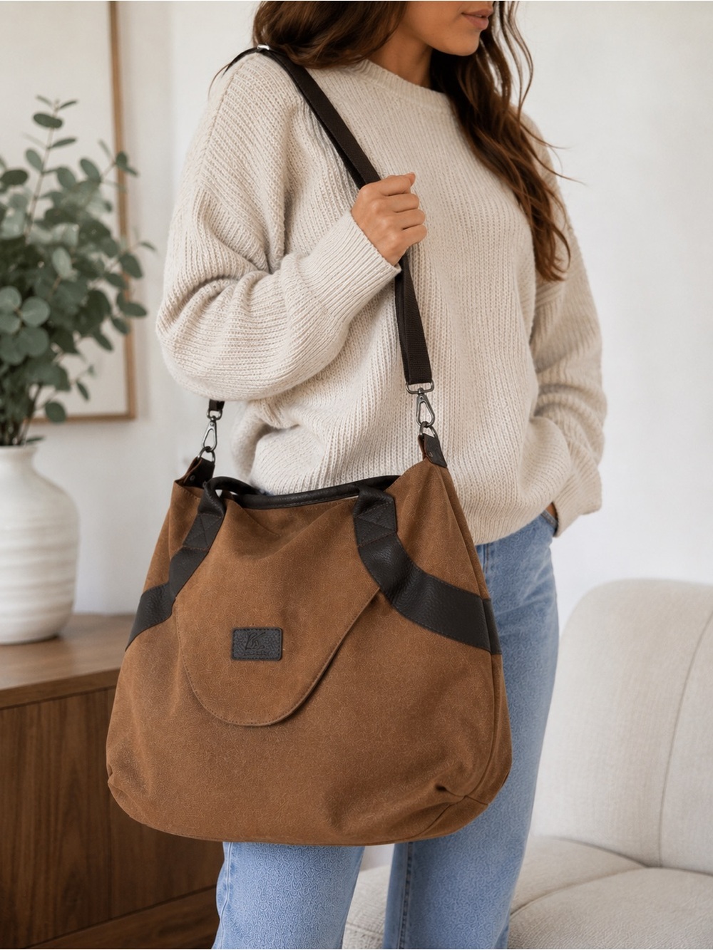 Canvas Leather Convertible Tote Bag Adjustable Strap